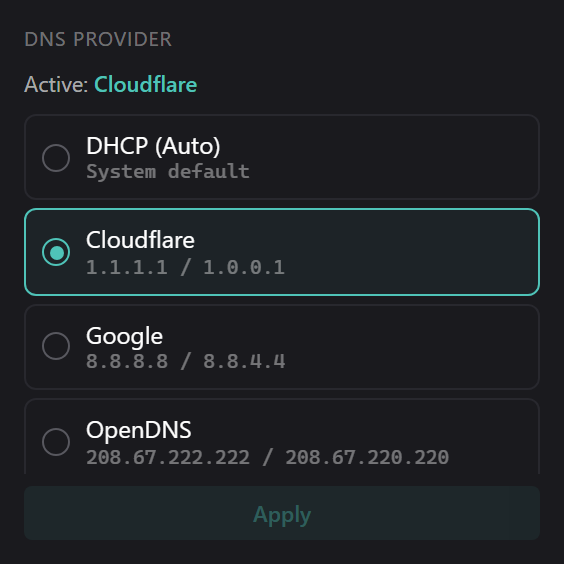 DNS Switcher widget preview